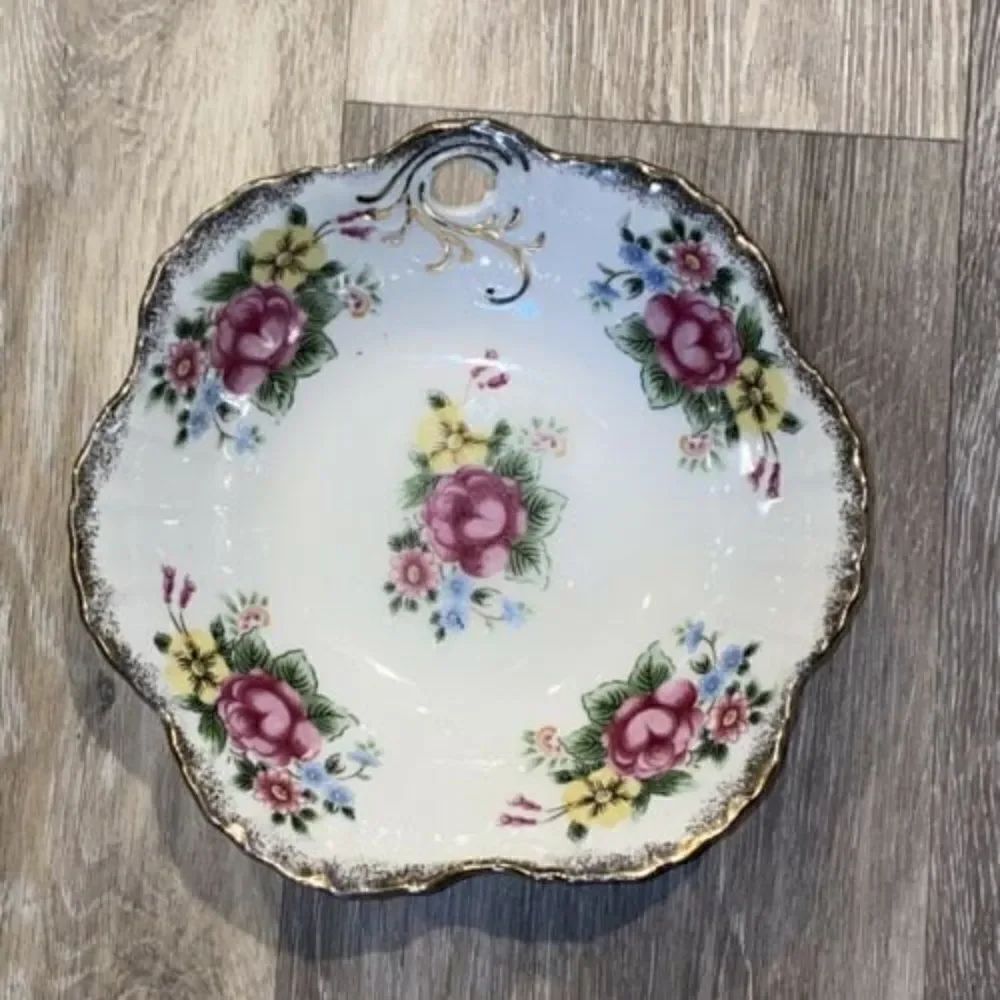 Vintage 8” Trimont Ware Dish Bowl Gold Trim Flowers Floral Iridescent Japan 8"
